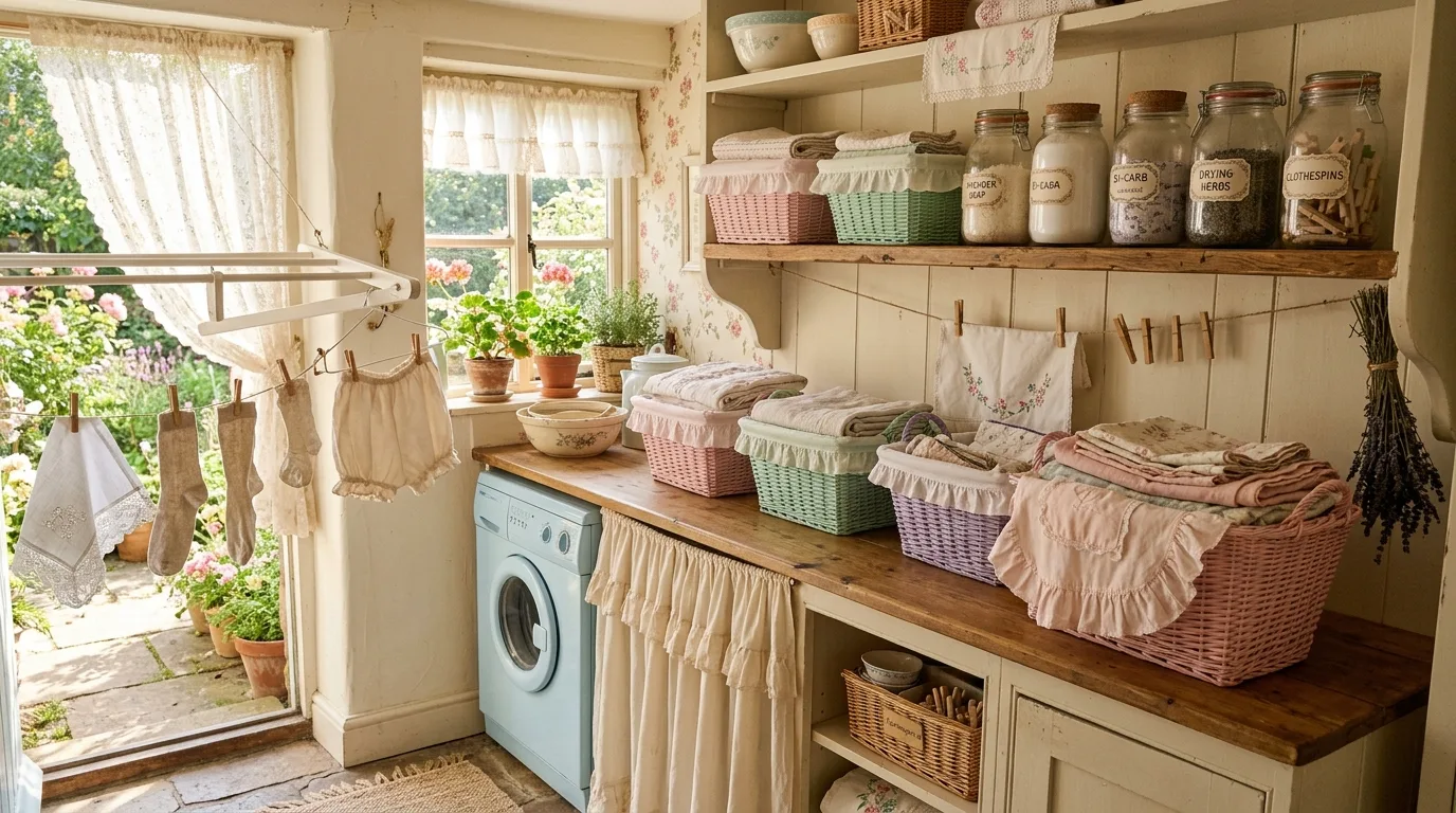 Create a folding area that still feels pretty inspiration for a cottagecore laundry room.